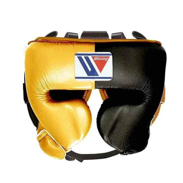 Yellow and black boxing headgear with a visible brand logo on a white background