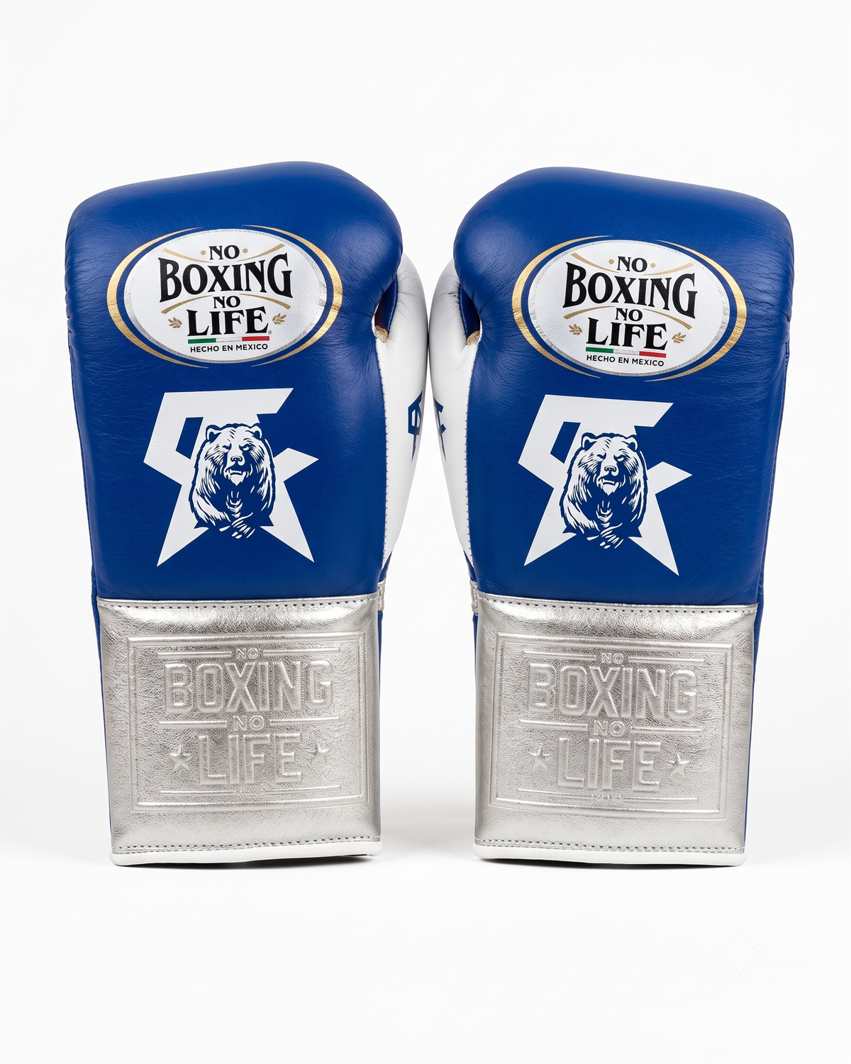 Blue leather boxing gloves with metallic silver cuff and bear graphic