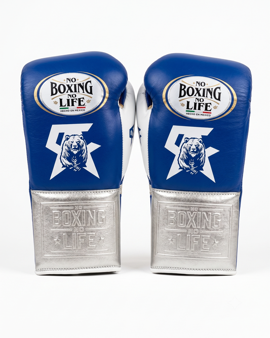 Blue leather boxing gloves with metallic silver cuff and bear graphic