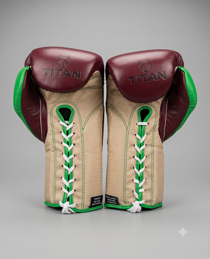 Burgundy leather boxing gloves with lime green trim and white laces