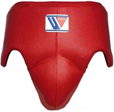 Winning CPS-500 professional boxing groinguard in red leather with official branding and anatomical hip protection.