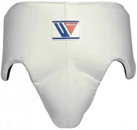Winning CPS-500 professional boxing groinguard in white leather with official branding and anatomical hip protection.