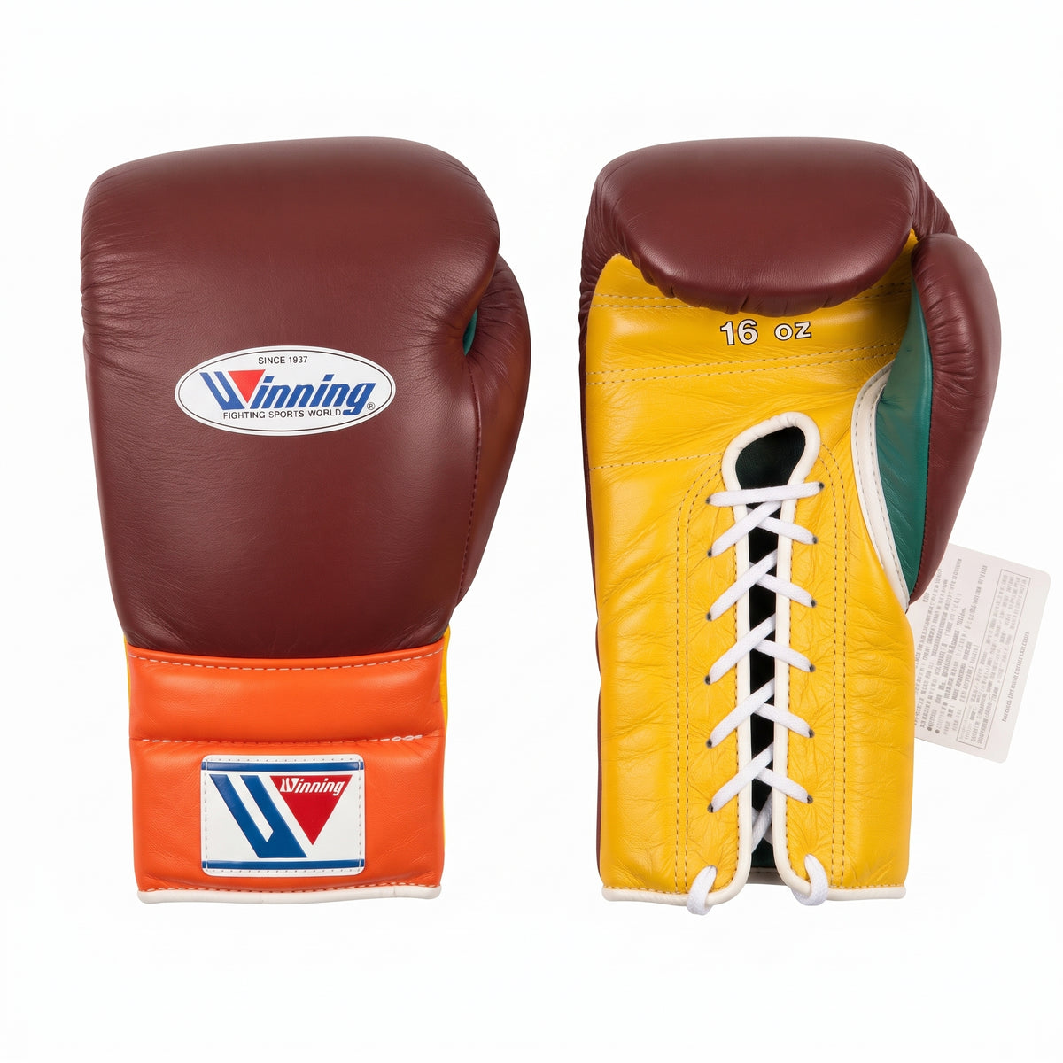 Winning boxing gloves in maroon leather with yellow and orange accents, Lace-Up or Velcro