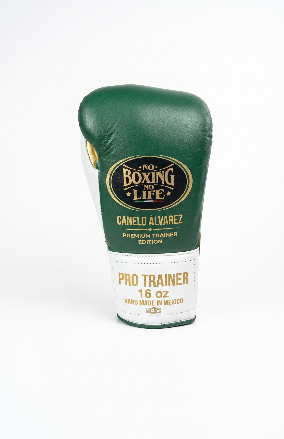 Forest green boxing glove with white cuff side view