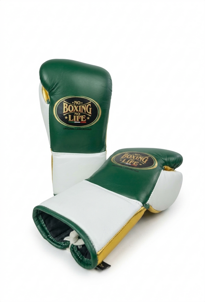 Forest green, white and gold tri-color leather boxing gloves
