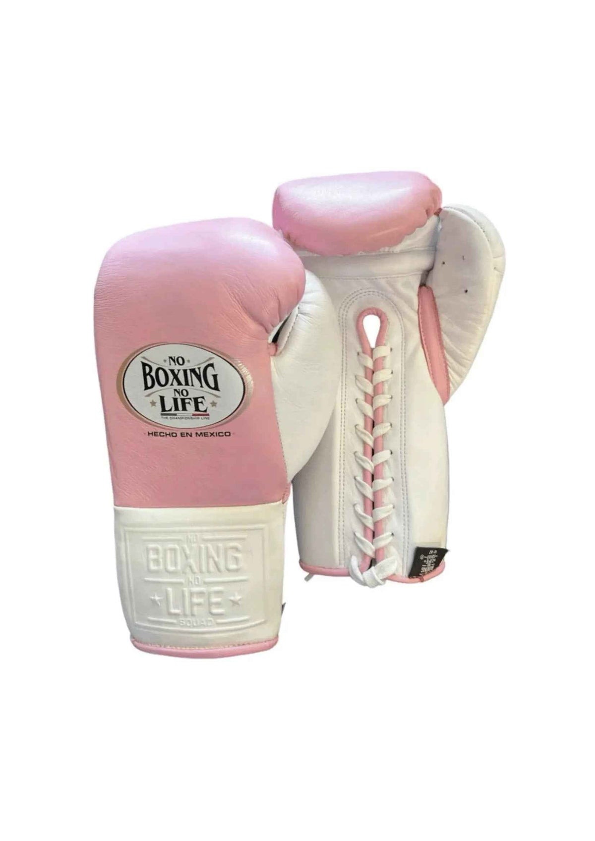 Official No Boxing No Life professional lace-up training boxing gloves in pink leather featuring white cuffs, white lacing panels, a white inner palm track, and the iconic oval brand logo on the knuckles.