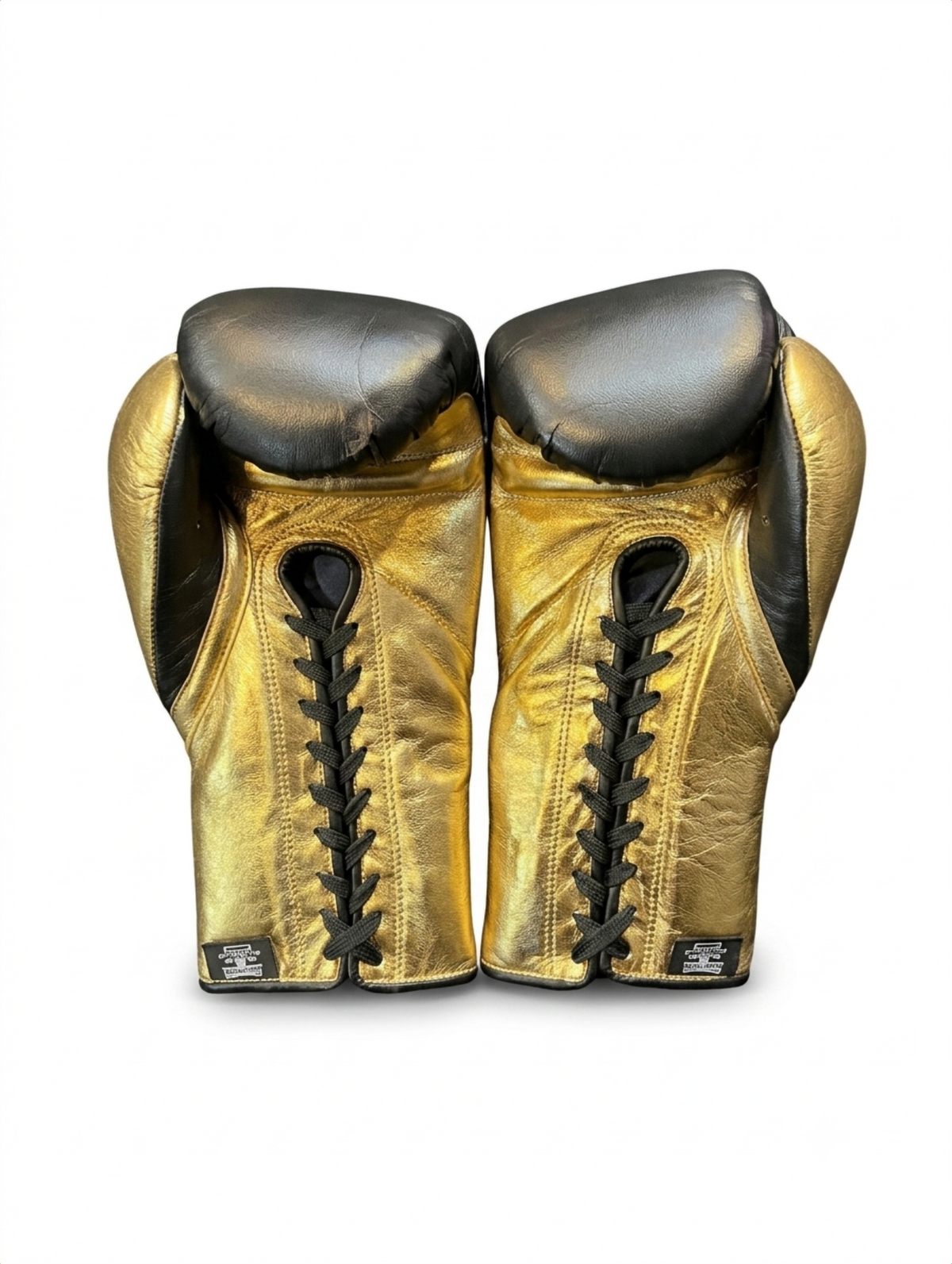 Metallic gold and black lace-up boxing gloves with black laces