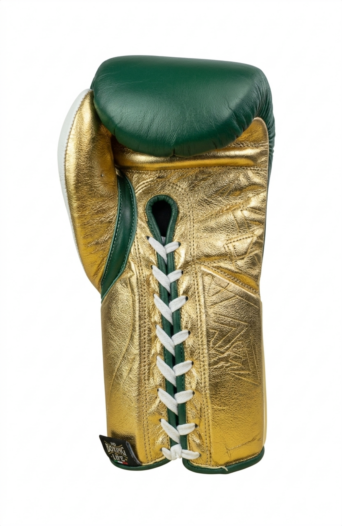 Metallic gold glove with forest green padded cuff