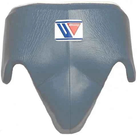 Custom Winning CPS-500 professional boxing groinguard in slate gray leather with official branding and anatomical hip protection.