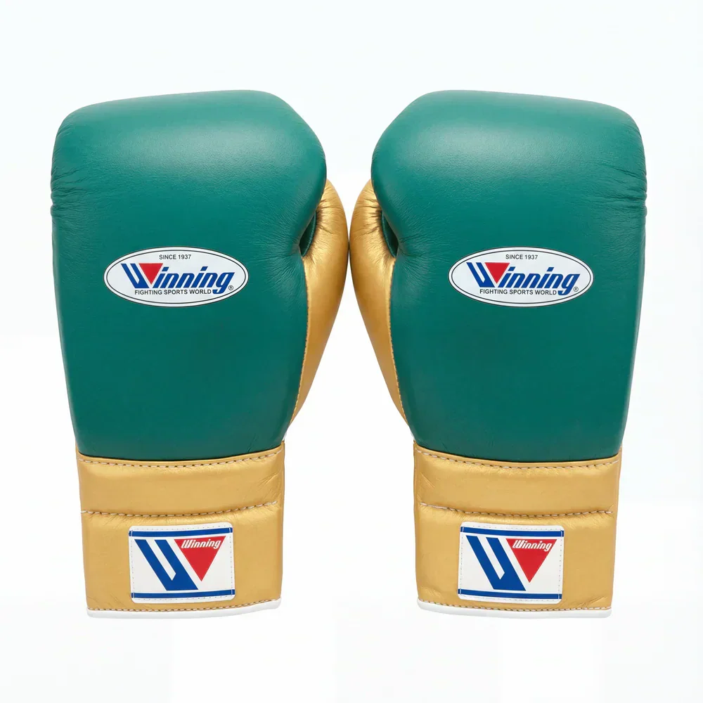 Pair of green and beige boxing gloves with Winning logo on a white background