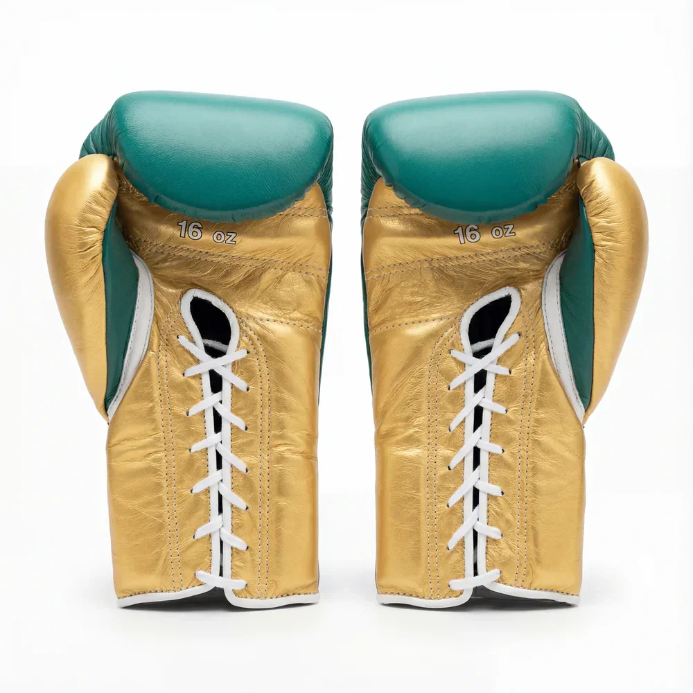 Pair of gold and teal boxing gloves on a white background