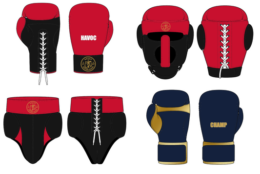 Custom boxing sparring set in red, black and gold – gloves, headguard and groin guard