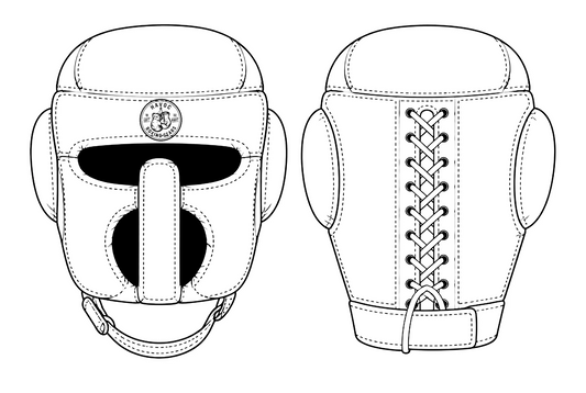 Custom face saver boxing headguard design template – front and back technical drawing with Havoc logo