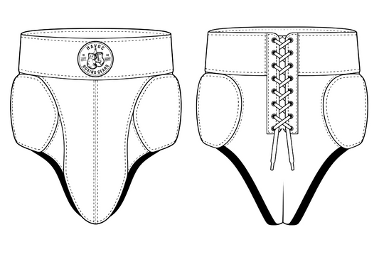 Custom boxing groin guard design template – front and back technical drawing with Havoc logo