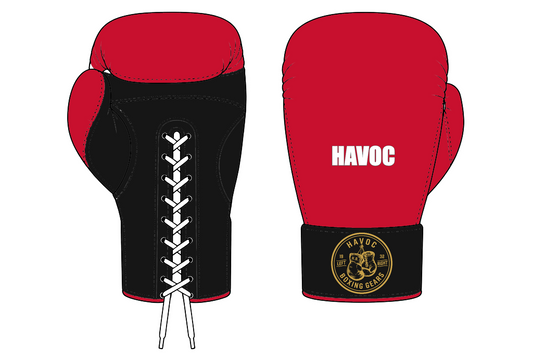Custom lace-up boxing gloves in red and black with gold Havoc logo and personalised name