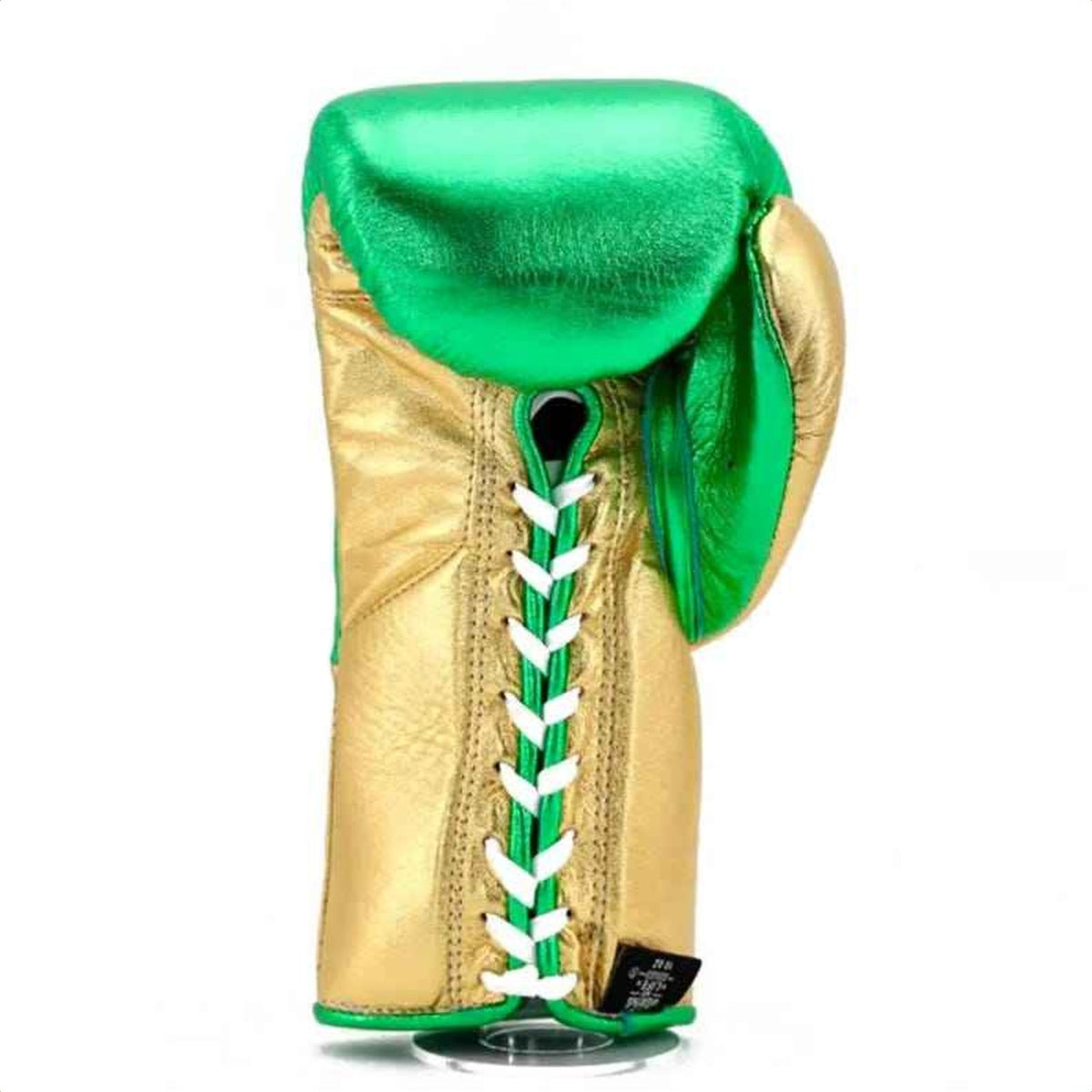 Shiny lime green and gold lace-up gloves with white laces