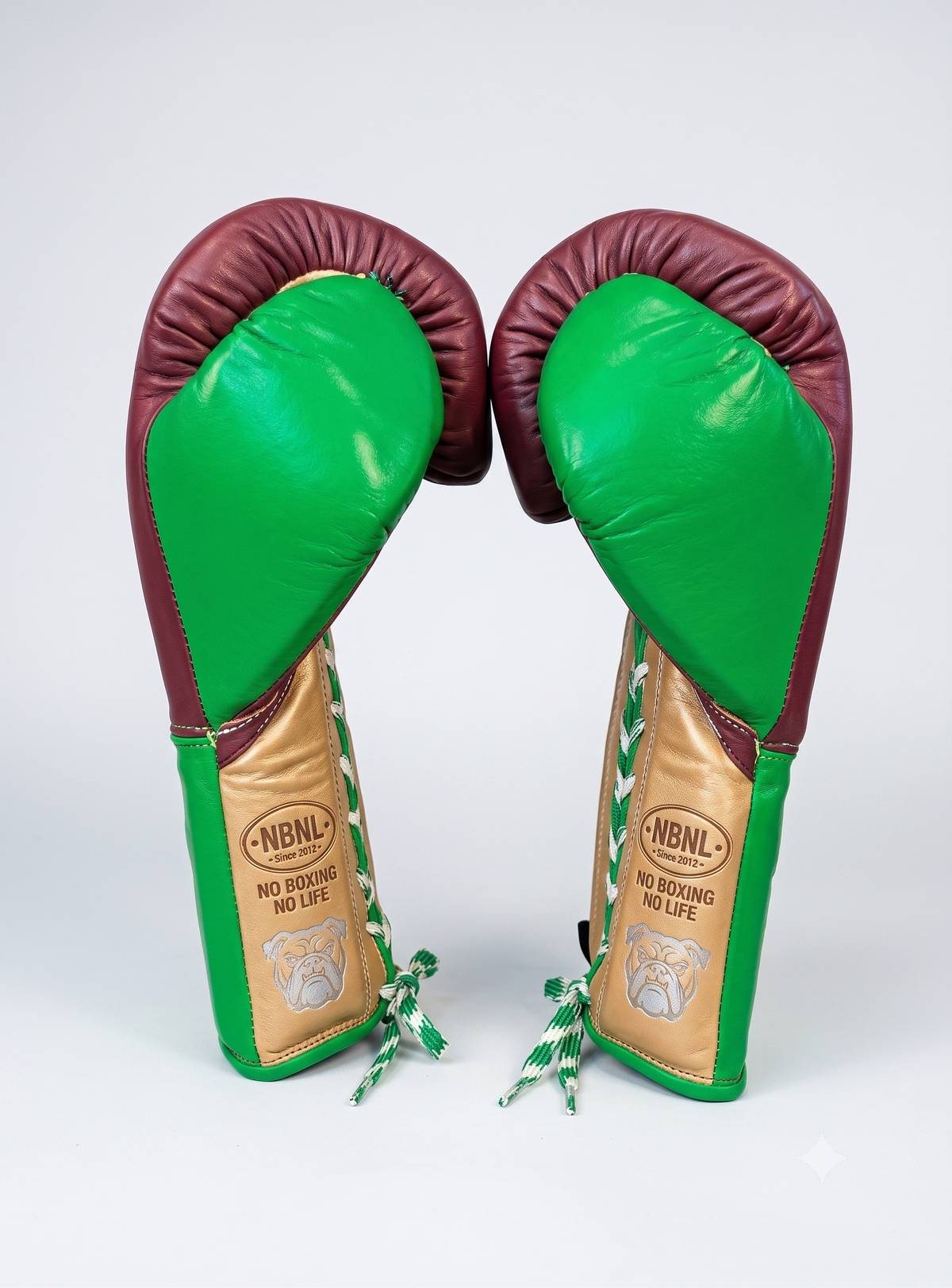 Lime green and maroon boxing glove upright with gold panels