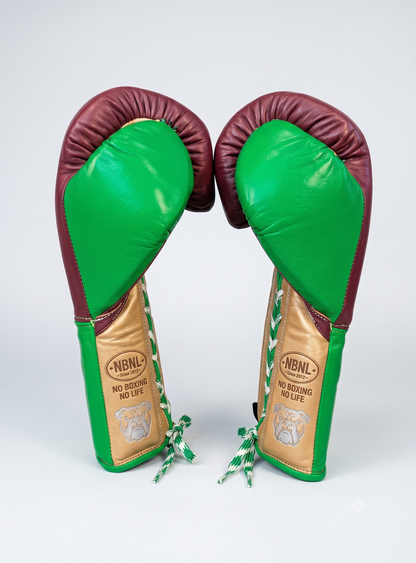 Lime green and maroon boxing glove upright with gold panels