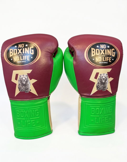 Maroon and lime green leather sparring gloves with bear graphic