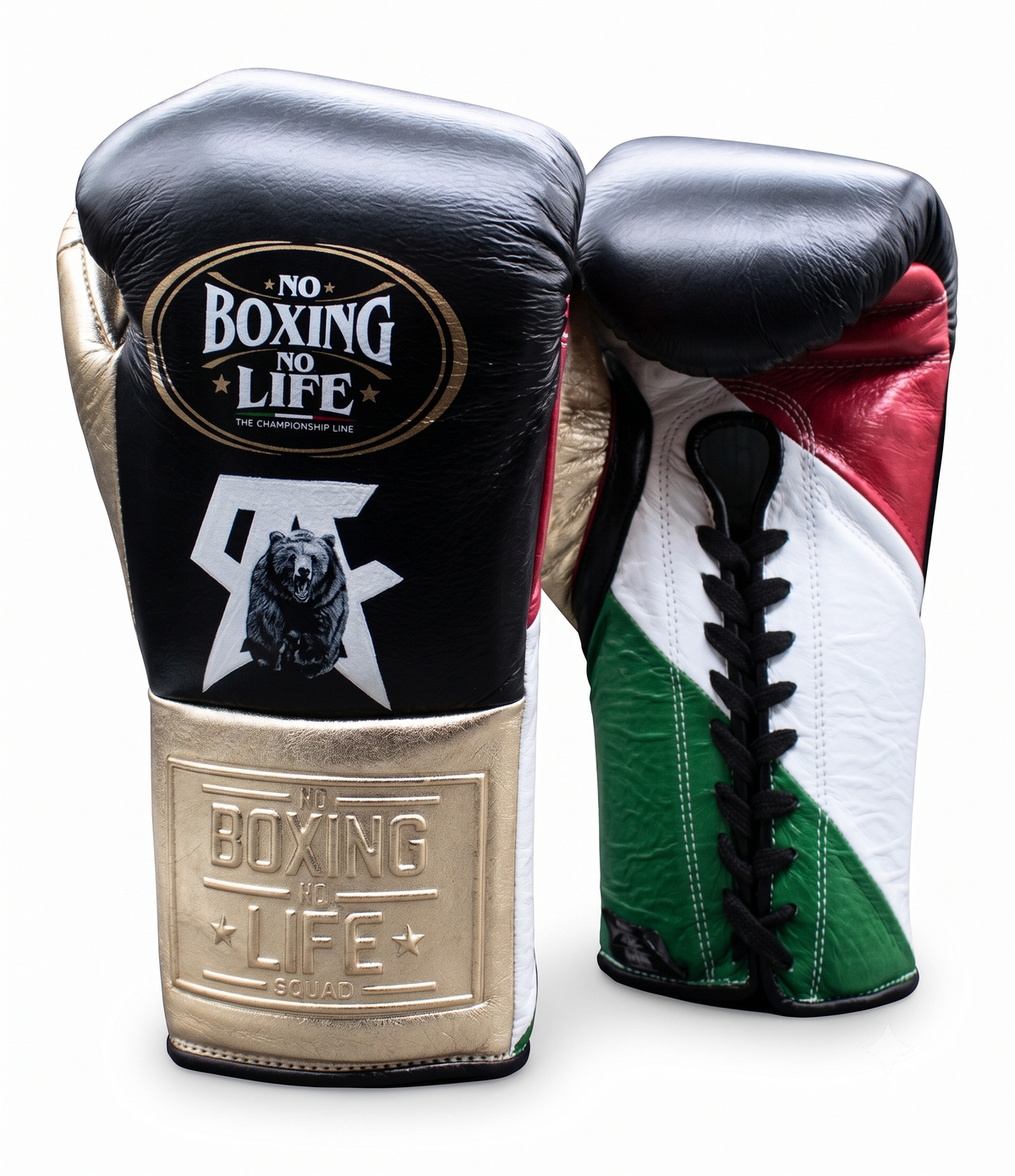 Black leather boxing gloves with gold cuff, bear graphic and flag-colour palm