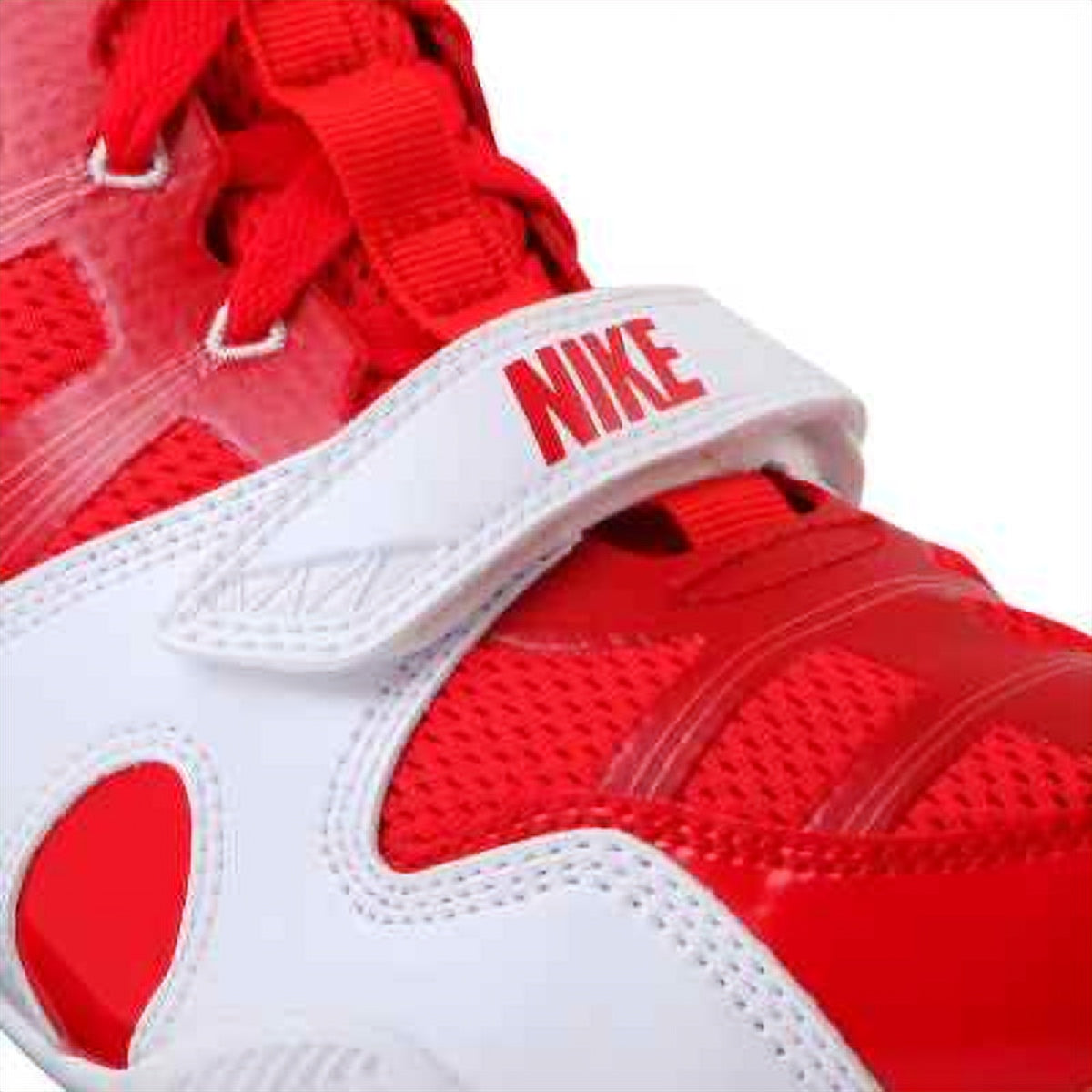 Close-up of white hook-and-loop forefoot strap on Nike Hyperko 1 with red Nike logo