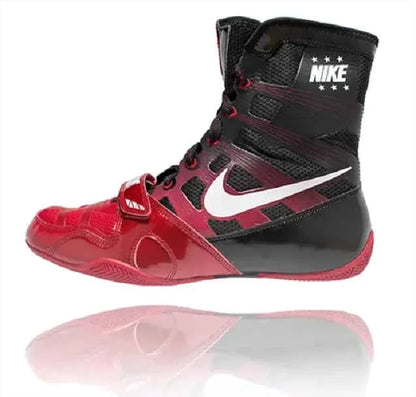 Nike Hyperko 1 boxing shoes in black and red featuring side profile, Flywire cables, forefoot strap, white Nike Swoosh, and red rubber sole