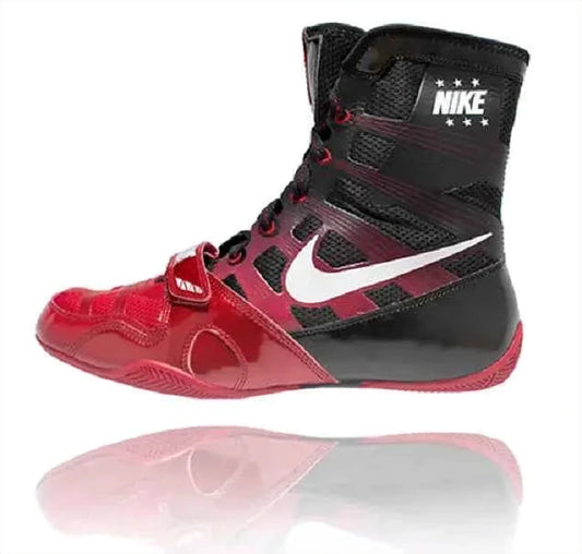 Nike Hyperko 1 boxing shoes in black and red featuring side profile, Flywire cables, forefoot strap, white Nike Swoosh, and red rubber sole