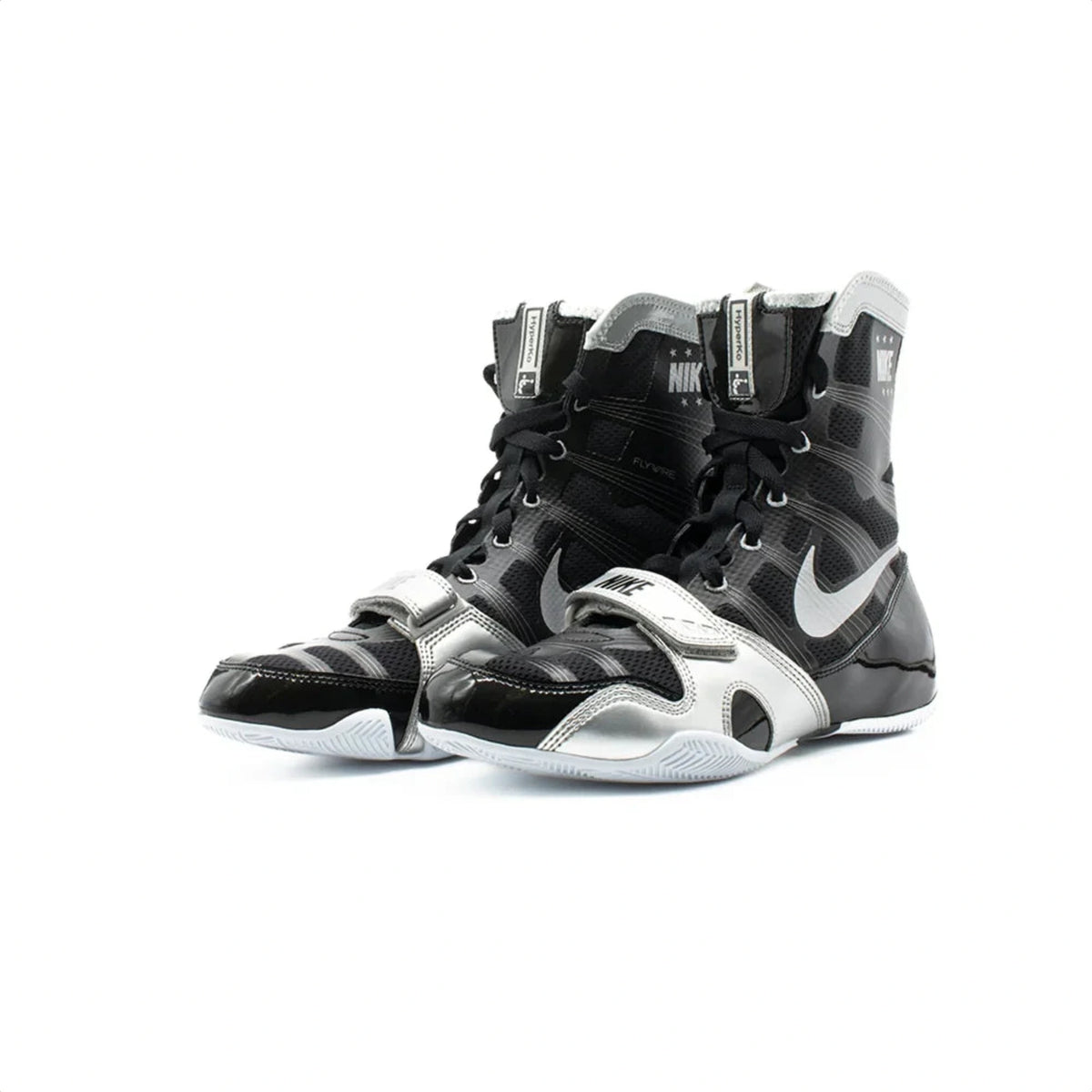 Pair of Nike Hyperko 1 boxing shoes in black and metallic silver with midfoot straps and high-top collars
