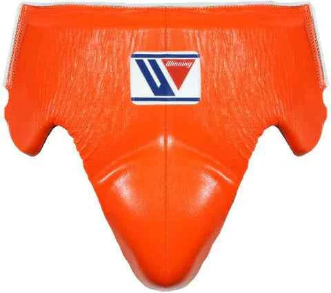 Custom Winning CPS-500 professional boxing groinguard in vibrant orange leather with official branding and anatomical hip protection.