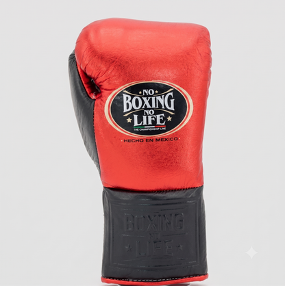 Back of red and black training glove showing striking surface and cuff