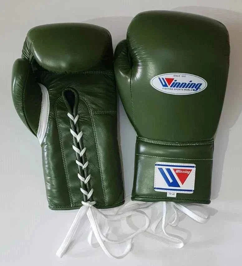 Custom Olive Green Winning MS-600 professional 16oz lace-up boxing gloves handcrafted in Japan with white laces and official branding.