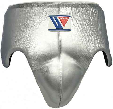 Custom Winning CPS-500 professional boxing groinguard in metallic silver leather with official branding and anatomical hip protection.