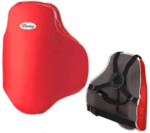Winning F-17 professional boxing coach body protector shield in red leather showing the front target area with logo and the reverse side adjustable cross harness system.