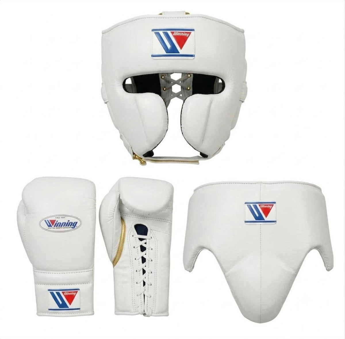Winning Classic White 3-piece boxing sparring set with lace-up gloves, FG-2900 headgear, and CPS-500 groin guard