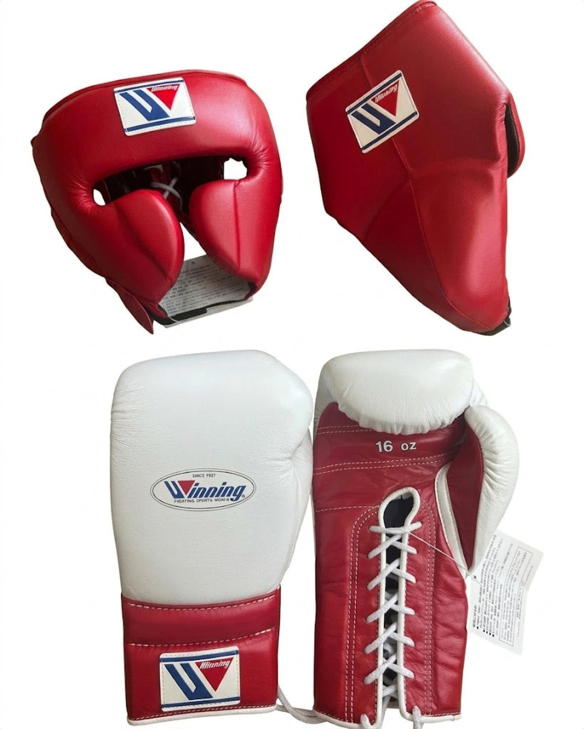 Winning Pink/White 3-piece boxing sparring set with lace-up gloves, FG-2900 headgear, and CPS-500 groin guard