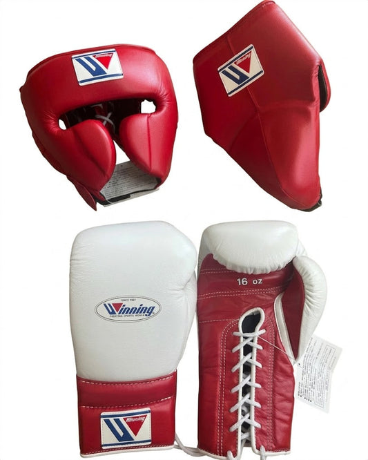 Winning Pink/White 3-piece boxing sparring set with lace-up gloves, FG-2900 headgear, and CPS-500 groin guard
