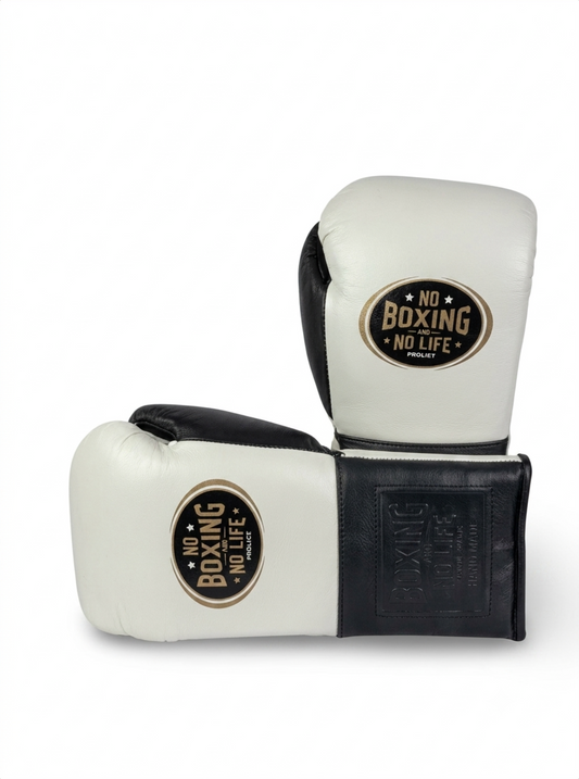 White and black leather sparring gloves front view