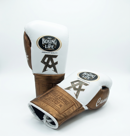 White and bronze-brown glove with monogram pattern detail