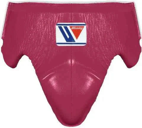 Custom Winning CPS-500 professional boxing groinguard in deep wine red leather with official branding and anatomical hip protection.