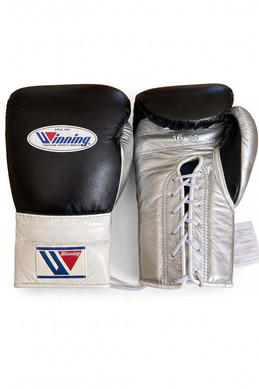Winning boxing gloves in black leather with silver and white accents, Lace-Up or Velcro