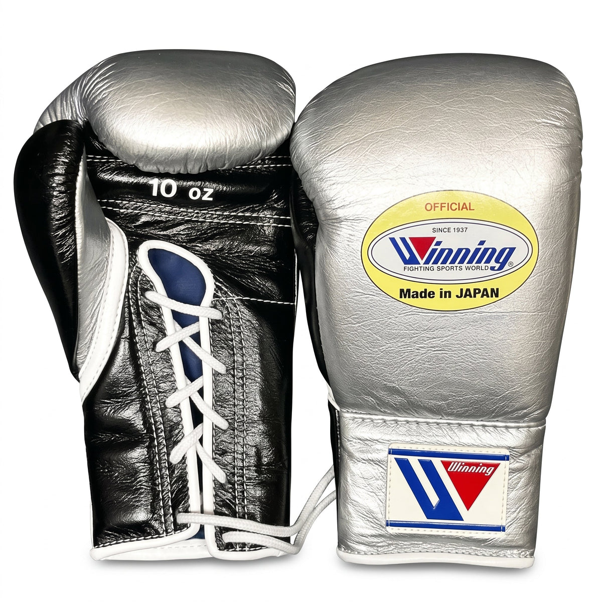 Winning boxing gloves in black leather with silver accents, Lace-Up or Velcro