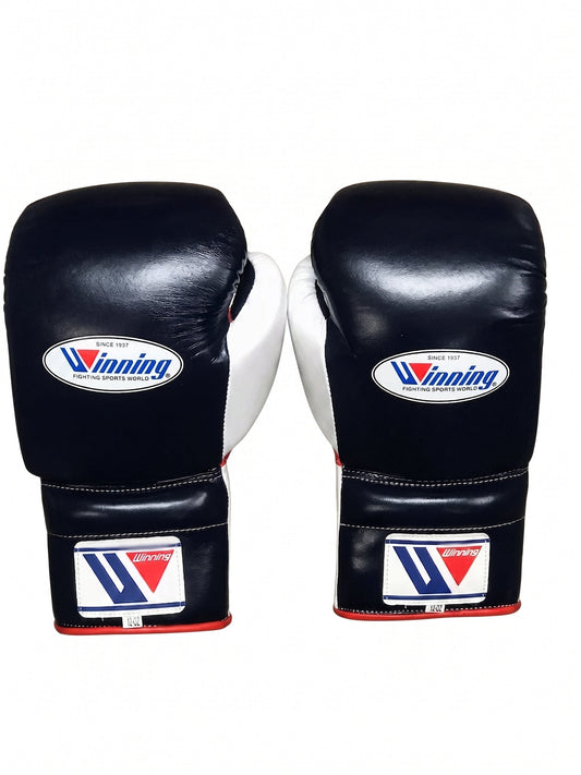 Winning boxing gloves in black leather with white and red detailing, Lace-Up or Velcro