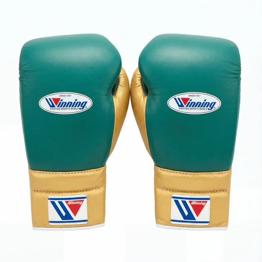 Winning boxing gloves in forest green leather with gold trim, Lace-Up or Velcro