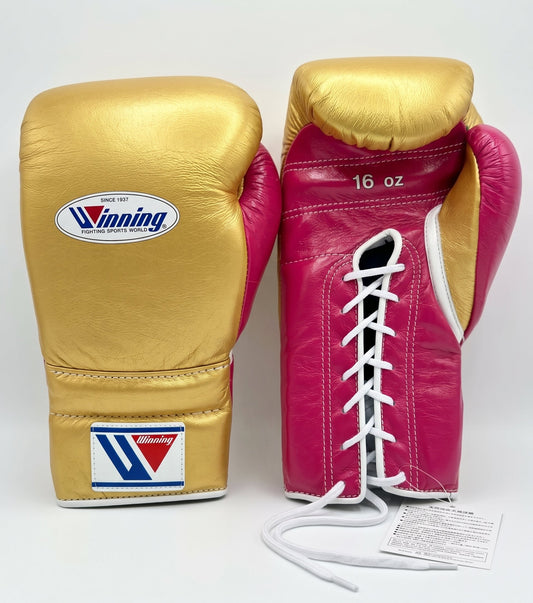 Winning boxing gloves in gold and pink genuine leather, Lace-Up or Velcro
