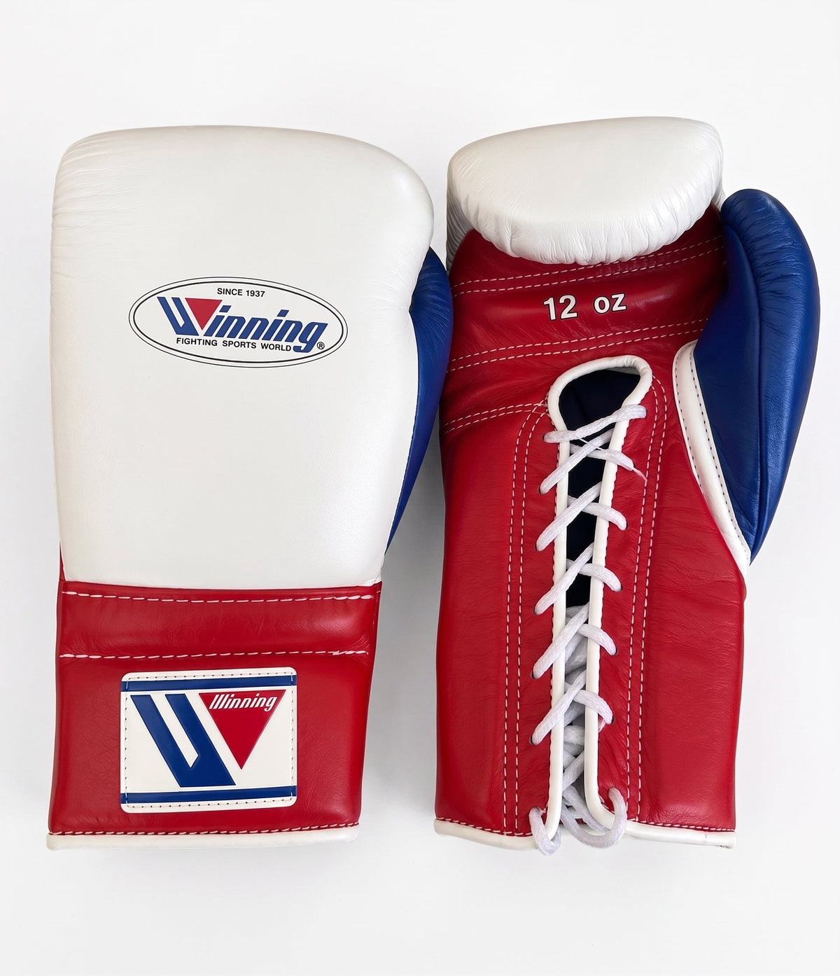 Red Winning boxing gloves with white back panel and blue logo, Lace-Up or Velcro