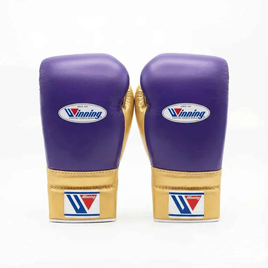 Winning boxing gloves in royal purple leather with gold trim, Lace-Up or Velcro