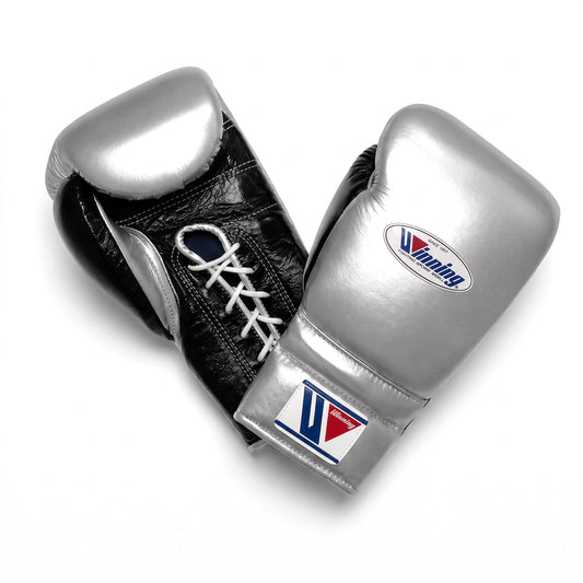 Winning boxing gloves in metallic silver leather with black trim, Lace-Up or Velcro