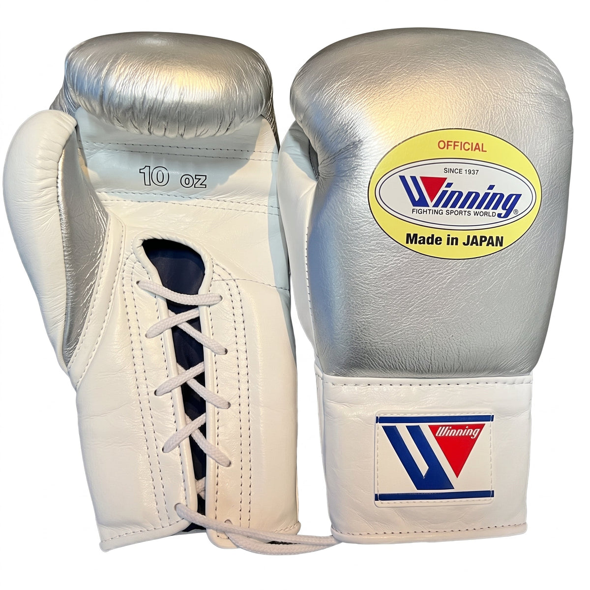 Winning boxing gloves in metallic silver and white leather, Lace-Up or Velcro