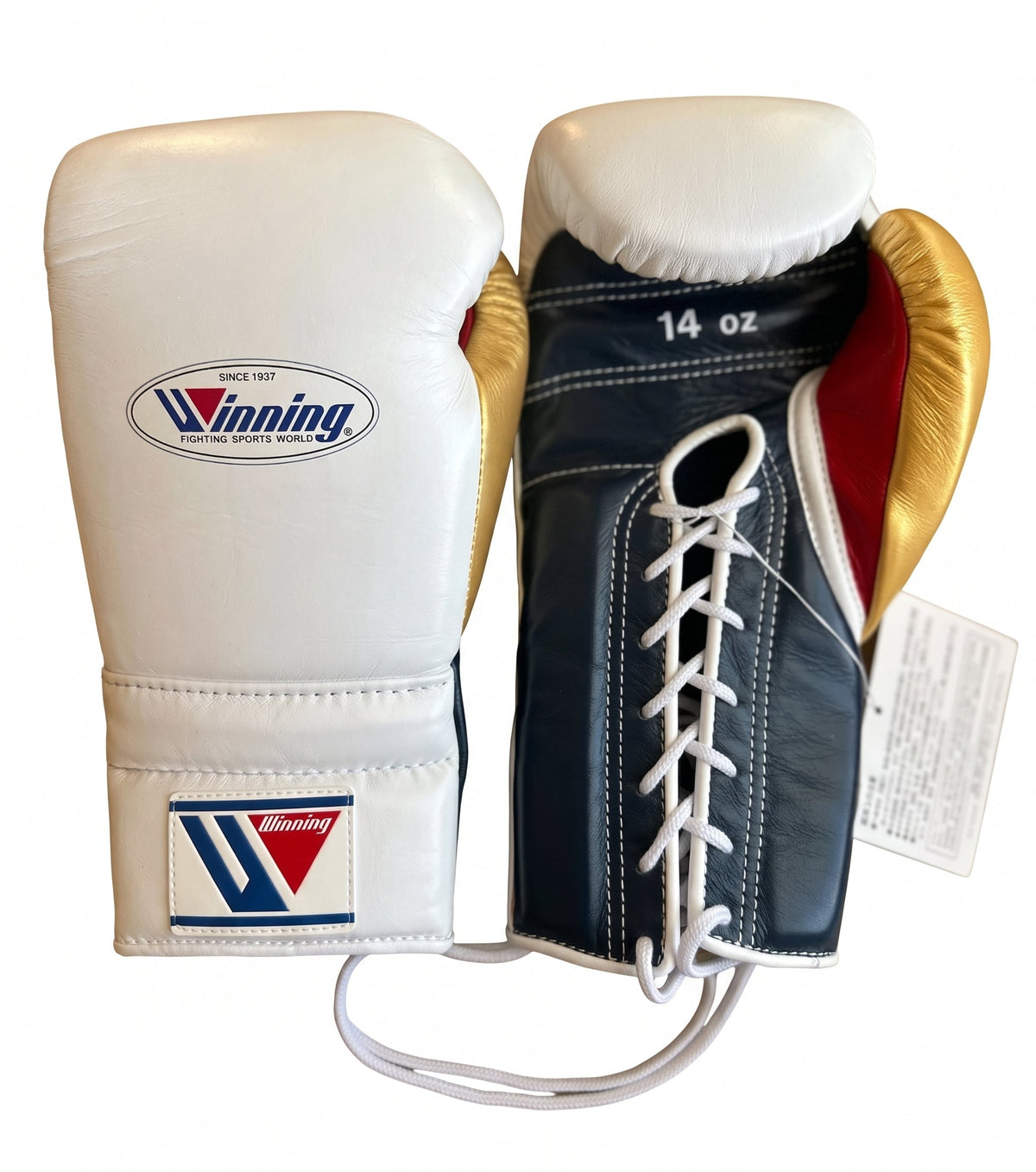 Winning boxing gloves in white and blue leather with gold and red trim, Lace-Up or Velcro