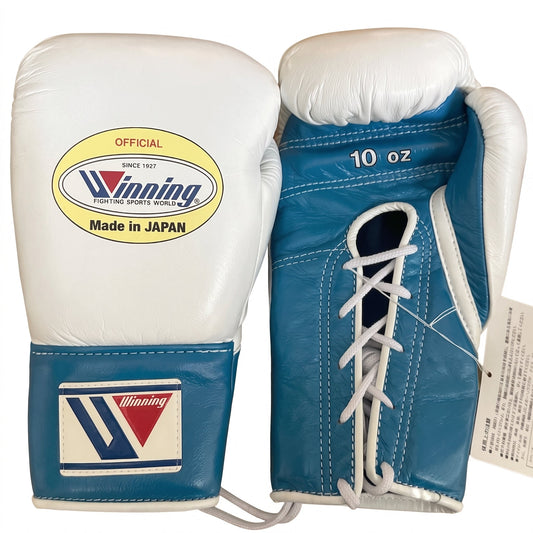 Winning boxing gloves in white leather with blue panels, Lace-Up or Velcro